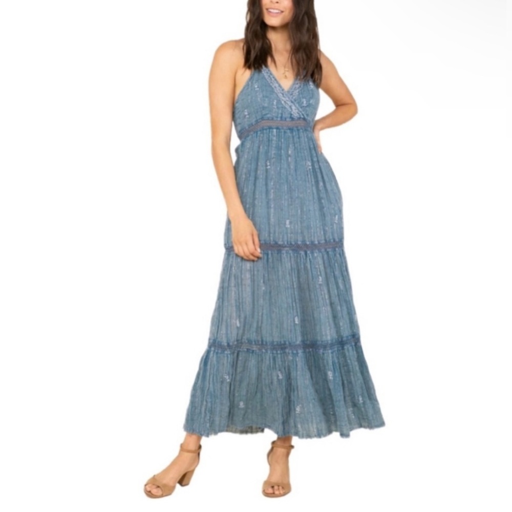Anthropologie RAGA Blue Embroidered Halter Maxi Dress size Small. New with tag